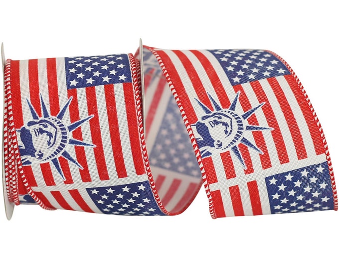 2.5" Lady Liberty Wired Ribbon, Patriotic Ribbon, 4th of July Ribbon, Red white and blue ribbon, Patriotic Decor, Ribbon for Bows