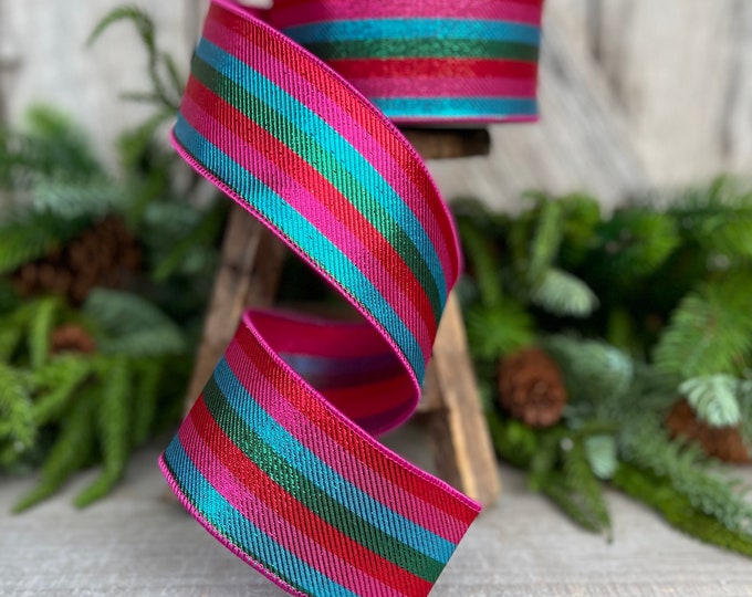 2.5" Candy Stripe Ribbon, Farrisilk Ribbon, Hot Pink Stripe Ribbon, Christmas Ribbon, Wired Ribbon, Christmas Ribbon, Designer Ribbon
