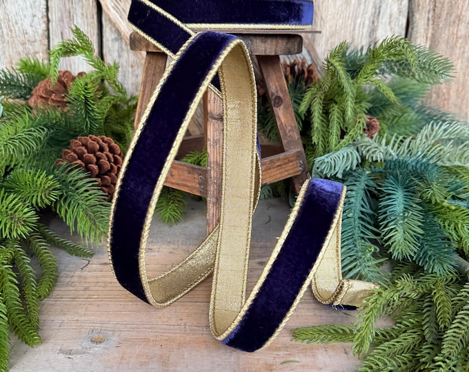 1" Navy Blue Velvet RIbbon, Farrisilk Velvet Ribbon, Blue Christmas Ribbon, Navy Blue Flashy Velvet, RG063-21