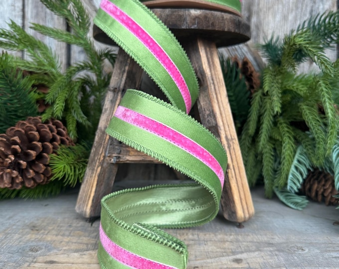 1.5” Pink & Green Velvet Ribbon, Luxury Wired Ribbon, Wreath Bow Supply, 10 Yard Roll