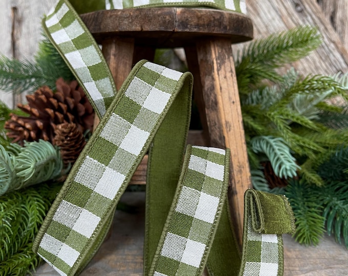 1" Olive Green Stitchery Ribbon, Farrisilk Ribbon, Green Ribbon, Wreath Supply, Fall RIbbon, Plaid Ribbon, Designer RIbbon, Fall, RK502-76