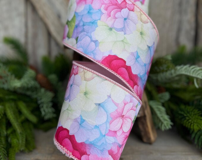 4" Hydrangea Ribbon, Farrisilk Ribbon, Spring Ribbon, Floral Ribbon, Wired Ribbon, Easter Ribbon, Pink, SR035-32