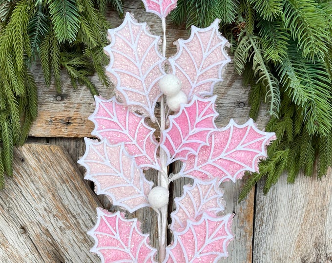 Pink & White Holly Leaf Christmas Spray - 31" Floral Stem