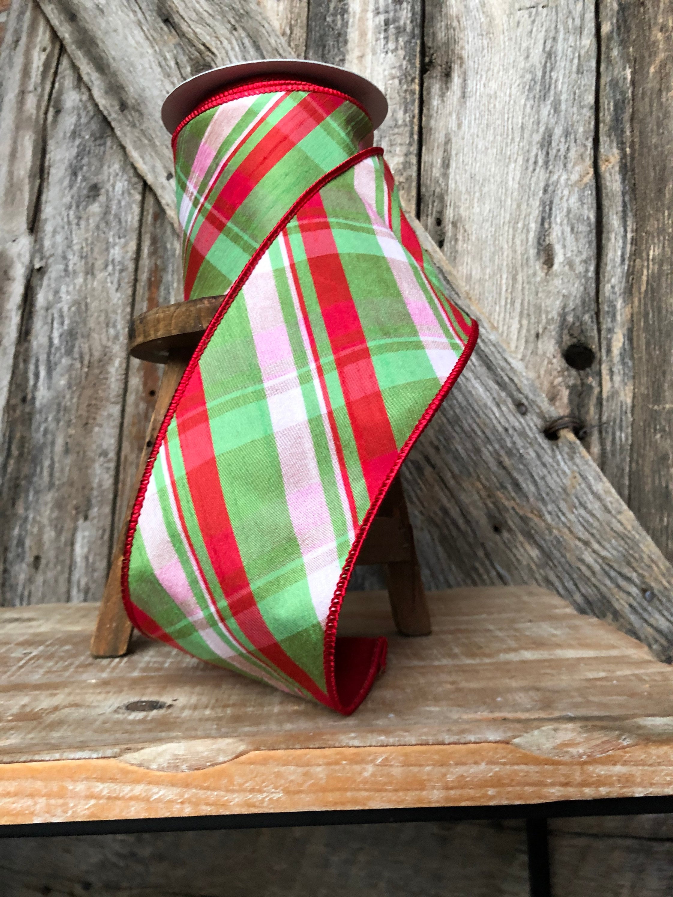 Christmas ribbon, Christmas tree ribbon, red green plaid ribbon