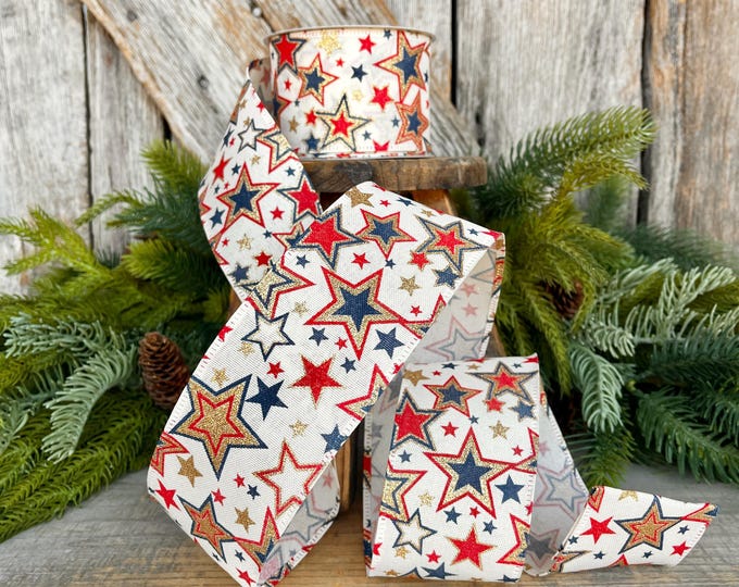 2.5" Patriotic Ribbon, Wired Ribbon, Stars Ribbon, Americana Ribbon, USA Ribbon, 4th of July RIbbon, Ribbon for bows, Wreath supply