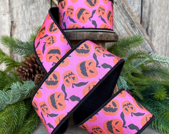 2.5" Halloween Ribbon, Farrisilk Ribbon, Pink Orange Pumpkin Ribbon, Halloween Pumpkin Ribbon, jack o lantern ribbon, HR048-52
