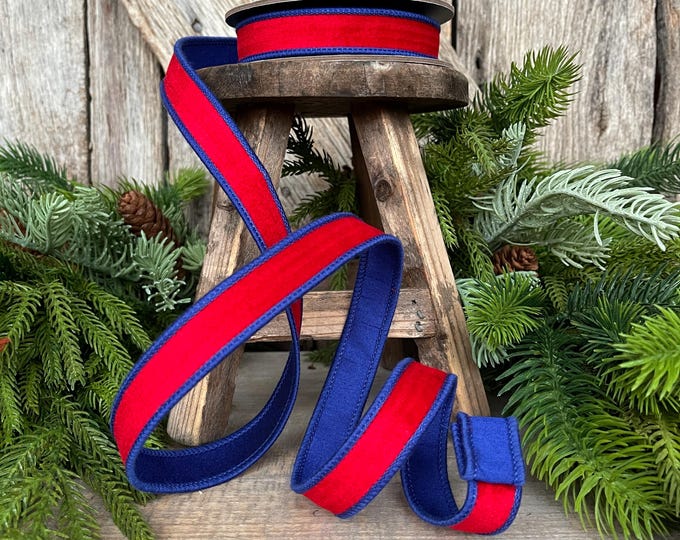 7/8" Patriotic Ribbon, Red Blue Velvet Ribbon, Wired Ribbon, 4th of July Ribbon, 94636W-250-05D