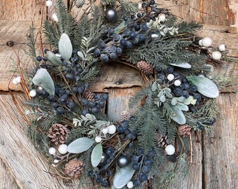 24" Christmas Blueberry Wreath, Christmas Wreath, Blueberry Winter Wreath, Christmas Natural Wreath, Christmas Wreath, Artificial