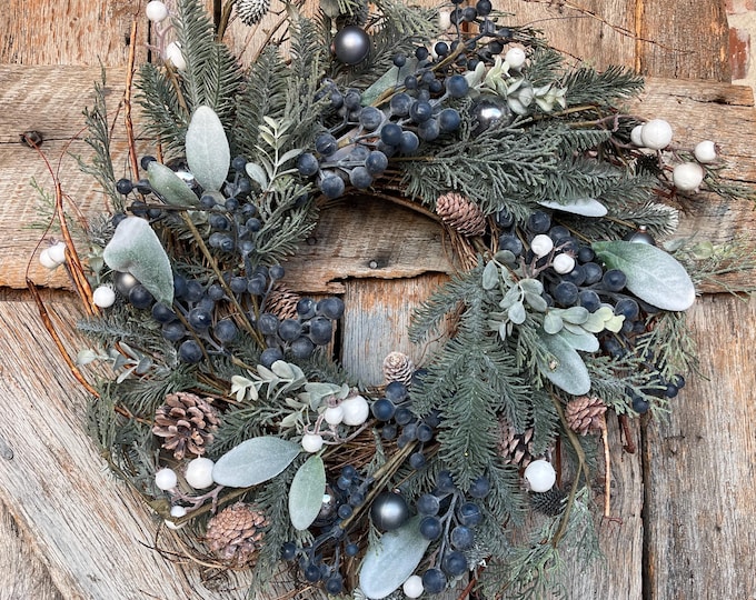 24" Christmas Blueberry Wreath, Christmas Wreath, Blueberry Winter Wreath, Christmas Natural Wreath, Christmas Wreath, Artificial