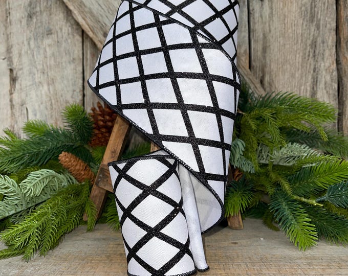 4" Black White Lattice RIbbon, Spring Ribbon, Christmas Ribbon, Wired Ribbon, Lattice Ribbon, black and white ribbon, Farrisilk ribbon