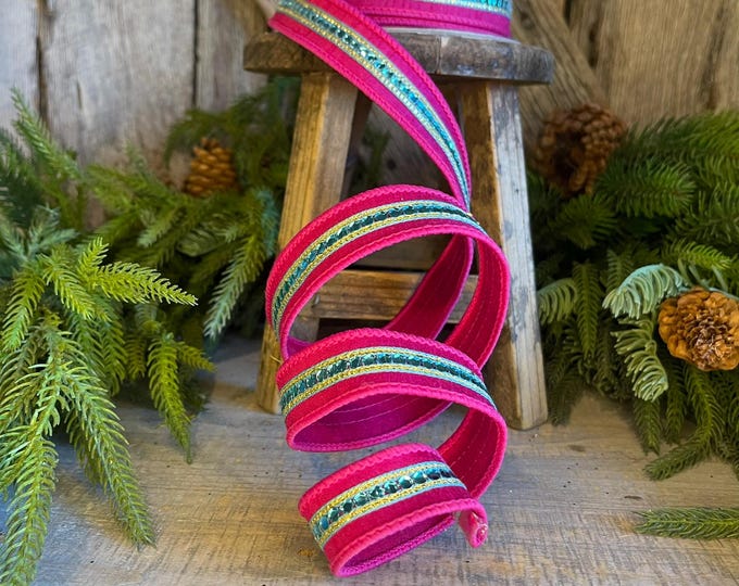 1" Hot Pink Blue Twinkle Trim Ribbon, Farrisilk ribbon, Pink Jeweled RIbbon, Hot Pink Ribbon, Pink Christmas Ribbon,Designer RIbbon,RK756-31