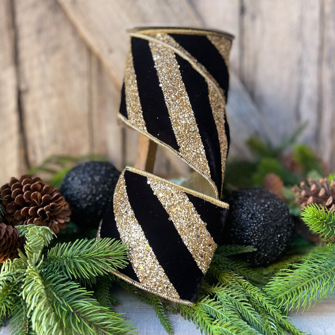 4" Black and Gold Chunky Glitter Diagonal Stripe, Christmas Tree Ribbon ...