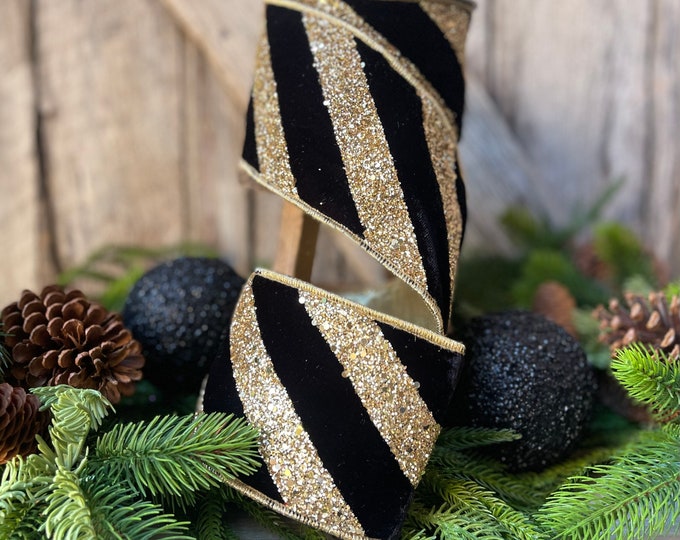 4" Black and Gold Chunky Glitter Diagonal Stripe, Christmas Tree Ribbon, Black and Gold Ribbon, Farrisilk Ribbon, Black Velvet