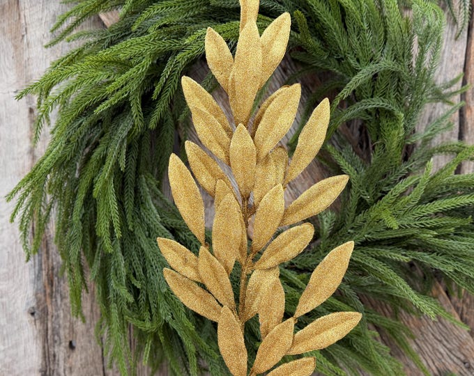 27" Gold Glitter Laurel Leaf Spray – Christmas Tree Floral Greenery