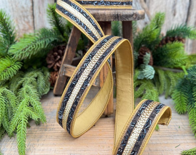 1.25" Luxor Black and Gold Beaded Sequin Ribbon by Farrisilk