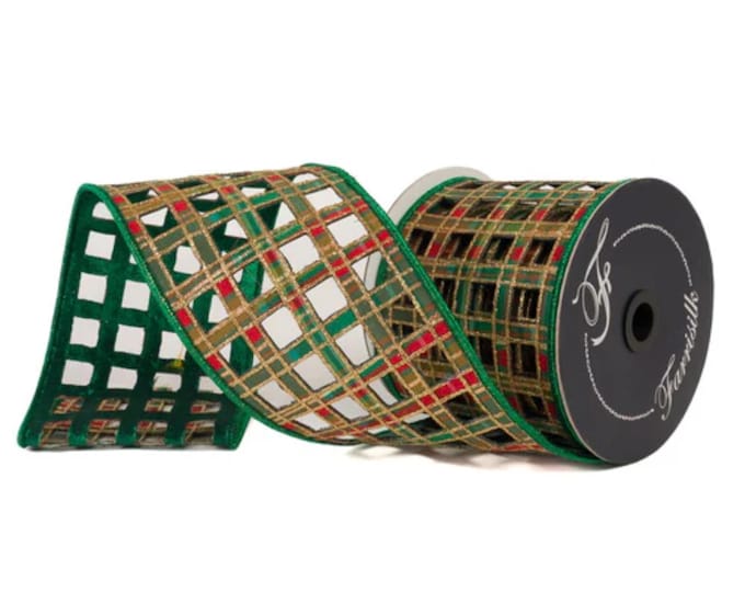 4" Traditional Christmas Plaid Ribbon, Farrisilk Ribbon, Window Plaid Ribbon, Traditional Plaid Ribbon, Gold Christmas Plaid, RK828-48