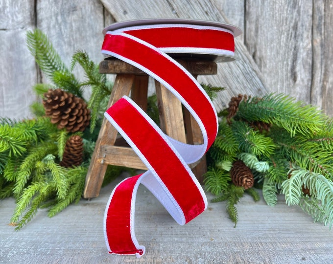 1" Red and White Two Tone Velvet,  Farrisilk ribbon, velvet ribbon, christmas ribbon, christmas decor, red and white velvet, RK130-02