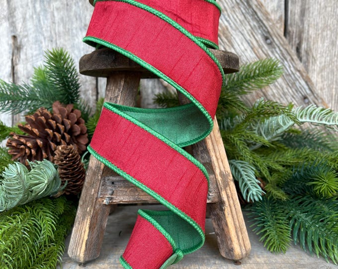 1.5" Red Green Dupion Ribbon, Christmas Ribbon, Double Sided Ribbon, Christmas Tree Ribbon