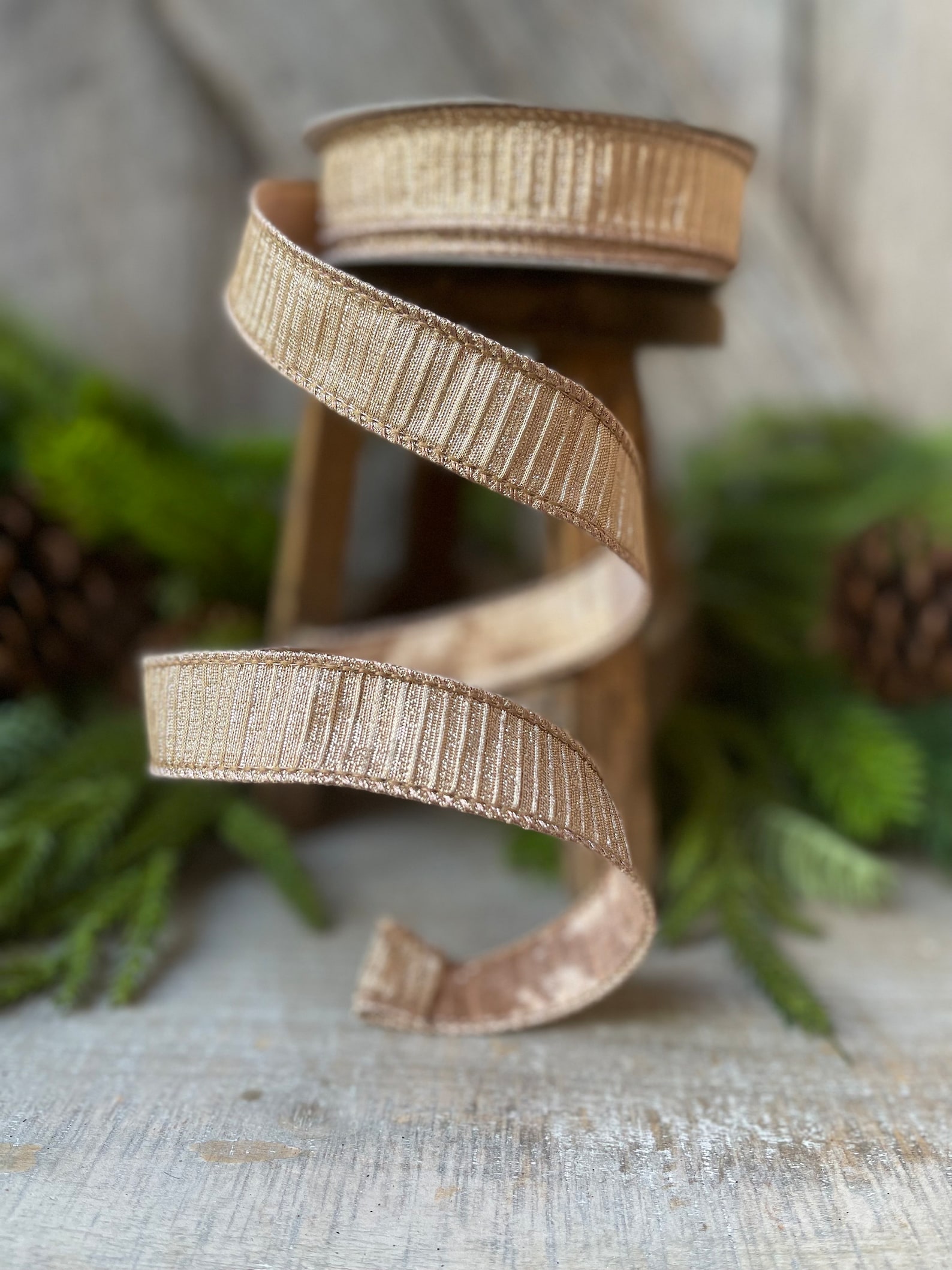 1 Rose Gold Pleated Metallic Ribbon, Farrisilk Ribbon, Wired Ribbon ...