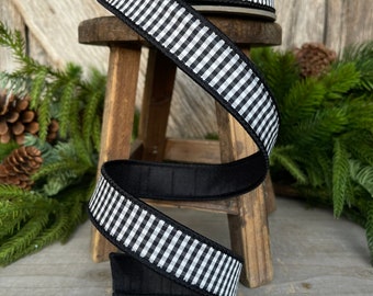 1" Black White Check Ribbon, D. Stevens Ribbon, Designer Ribbon, Black White Ribbon, Wired Ribbon, Ribbon for Bows, Wreath SUpply, 07-1808
