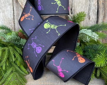3" Dancing Skeleton Ribbon, Farrisilk Ribbon, Halloween Ribbon, Wired Ribbon, Black Halloween Ribbon, Spooky Ribbon, HR047-32