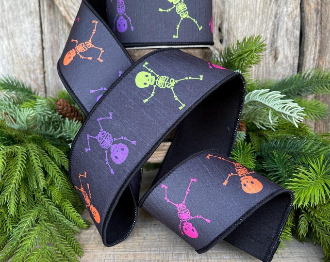 3" Dancing Skeleton Ribbon, Farrisilk Ribbon, Halloween Ribbon, Wired Ribbon, Black Halloween Ribbon, Spooky Ribbon, HR047-32