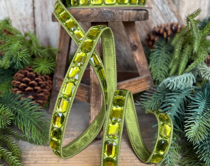 1" Lime Green Emerald Cut Ribbon, Christmas Ribbon, Jeweled Ribbon, Farrisilk Ribbon, Moss Green, RJ017-61