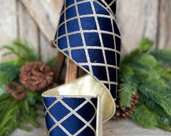 Navy Blue Gold Lattice Ribbon, Navy Blue Gold Lattice Ribbon Christmas Tree & Holiday Decor