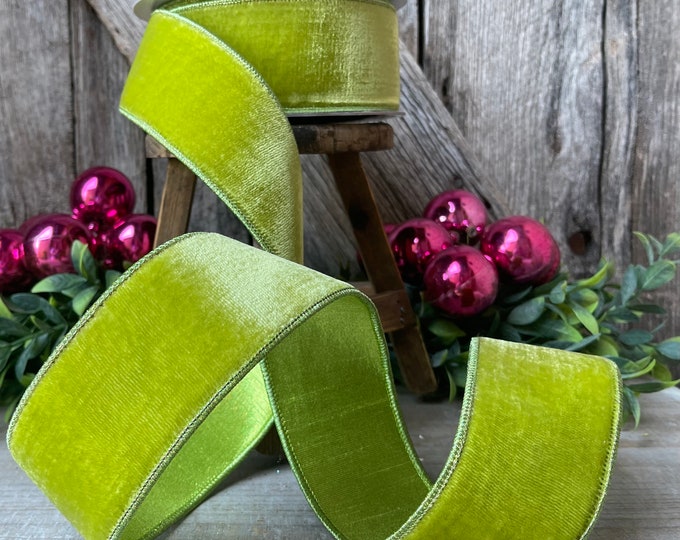 2.5 Lime Green Velvet, Farrisilk Velvet Ribbon, Farrisilk Ribbon, Lime green Velvet Ribbon, Wired ribbon, Halloween ribbon, Christmas RIbbon
