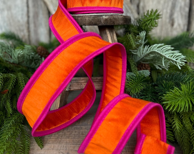 1.5" Orange Hot Pink Ribbon, Wired Ribbon, Designer Ribbon, Orange Ribbon, Halloween Ribbon, 94596W-187-09D