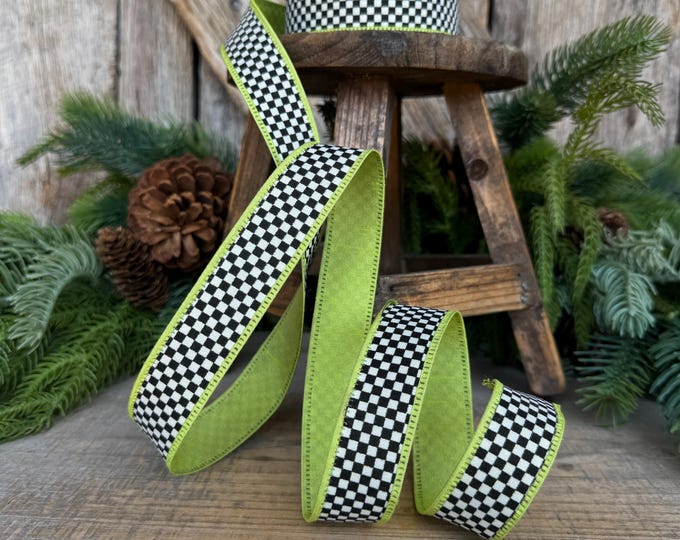 1" Black White Check Ribbon with Lime Green Trim