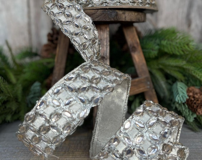 1.5" Platinum Jeweled ribbon, farrisilk ribbon, silver jeweled ribbon, Christmas Ribbon, Christmas Tree RIbbon, Designer Jeweled Ribbon