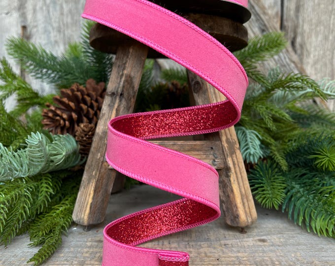 1" Bubblegum Pink & Red Ribbon, Farrisilk Ribbon, Pink and Red Fusion Ribbon, Christmas Ribbon, RS200-74
