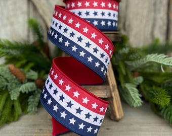 2.5" Patriotic Wired Ribbon, Stars and Stripe Ribbon, American Ribbon, USA Ribbon, 4th of July RIbbon, Ribbon for bows, Wreath supply