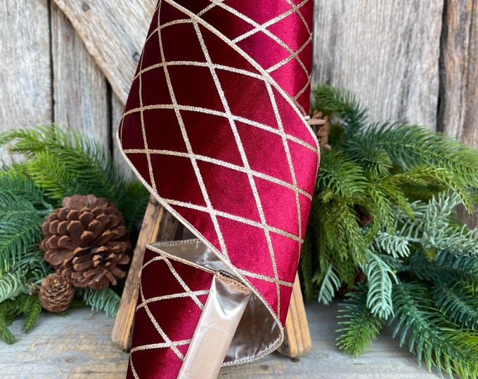 Burgundy Velvet Wired Ribbon, Burgundy Gold Lattice Ribbon Christmas Tree & Holiday Decor, 4" x 10yds