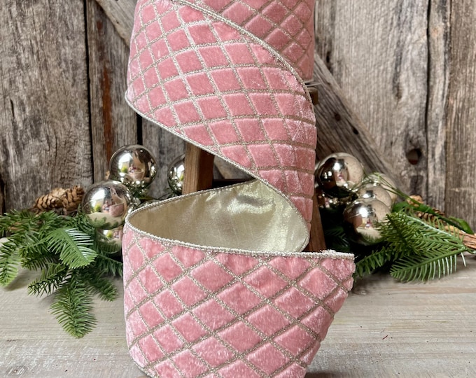 4" Pink Metallic Diamonds Velvet Ribbon, Farrisilk Ribbon, Pink Velvet, Christmas Tree Ribbon, Wired Ribbon, 4 inch ribbon