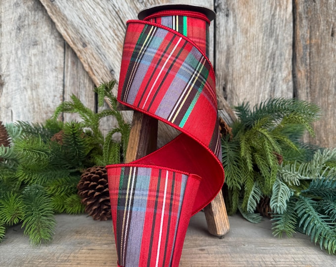 4" Traditional Christmas Plaid Ribbon, Wired Ribbon, Red Blue Chirstmas Plaid RIbbon