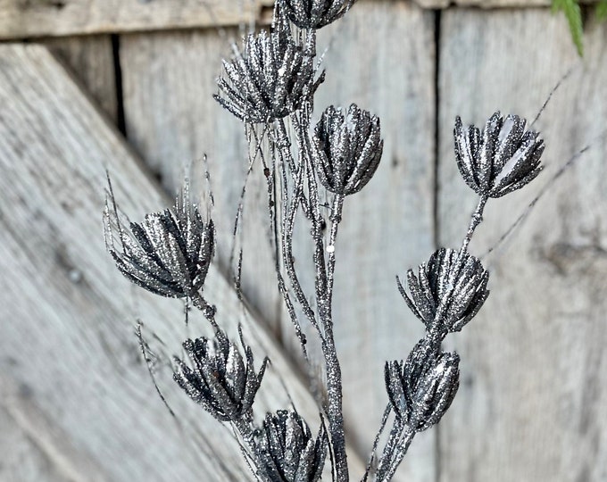 30" Pewter Mini Flower Glitter Spray, Silver Spray, Dark Silver Glitter Spray, Christmas Spray, Christmas Tree Spray, Picks and Stems