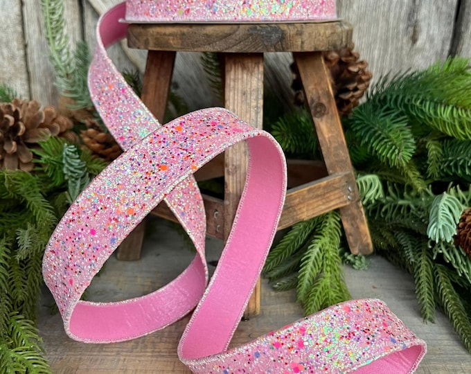 1" Pink Fairy Dust Ribbon, Farrisilk Ribbon, Pink Glitter RIbbon, Christmas Ribbon, Designer RIbbon, Fairy Dust Ribbon, RS160-14