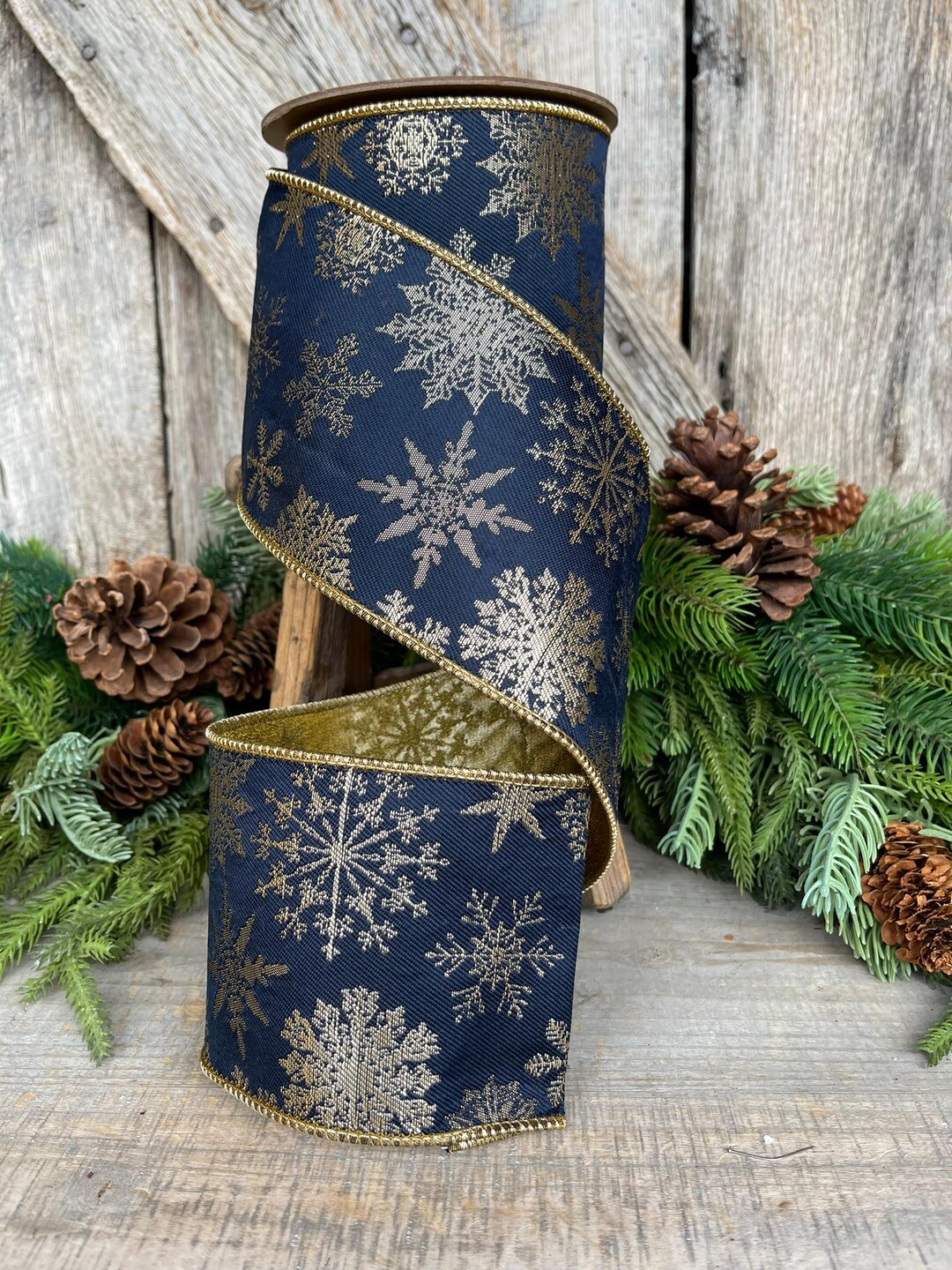 4 Navy Blue Snowflake Wired Ribbon, Christmas Ribbon, Christmas Tree ...