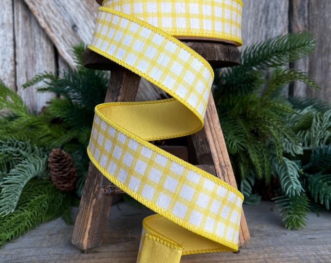 1.5” Yellow Check Wired Ribbon – Spring Easter Ribbon, Yellow & White Dupioni Ribbon