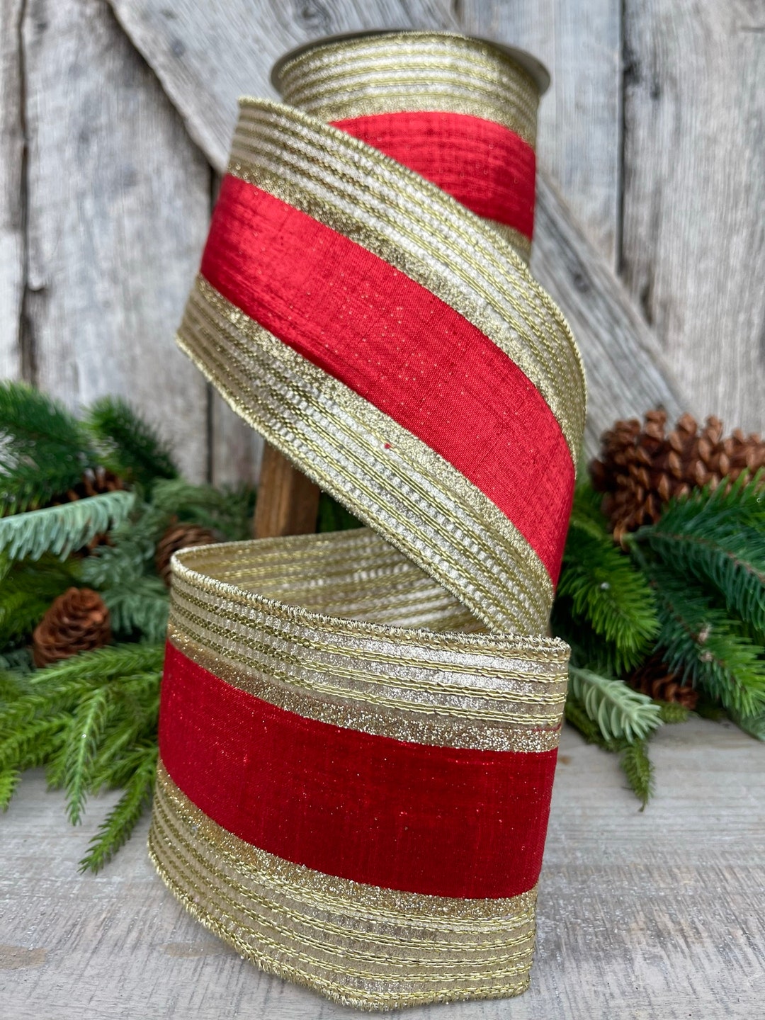 4 Red Gold Metallic Borders Ribbon, Farrisilk Ribbon, Christmas Ribbon
