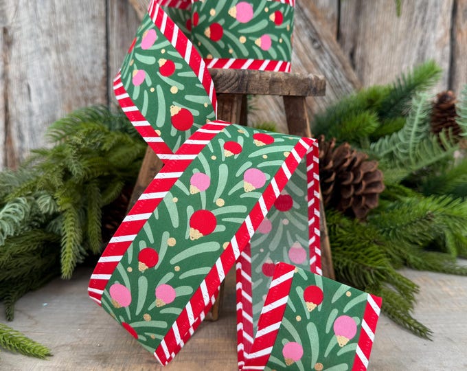 2.5" Red Pink Green Ribbon with Ornaments Candy Stripe Edge 10 Yard Roll
