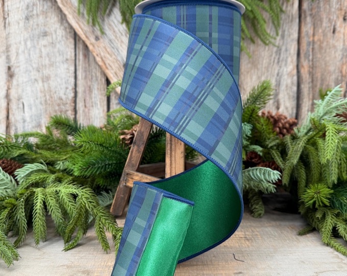 4" Blue Green Christmas Plaid Ribbon, Black Watch Plaid Ribbon, Navy Blue Plaid