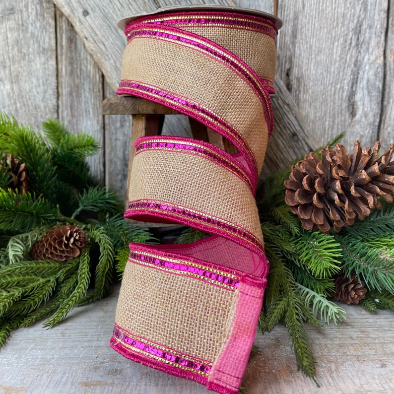 2.5 Hot Pink Fuchsia Sequin Borders Ribbon, Farrisilk Ribbon, Wired Ribbon, Hot Pink Ribbon, Burlap Ribbon, Pink Burlap Ribbon image 4