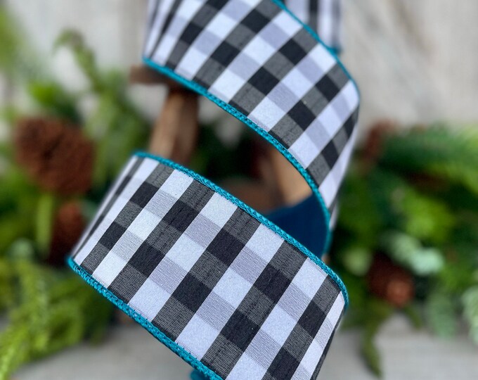 2.5" Turquoise Black and White Check Ribbon, Farrisilk Ribbon, WIred Ribbon, Designer Ribbon, Wreath Supply, Ribbon for Bows, Teal Ribbon