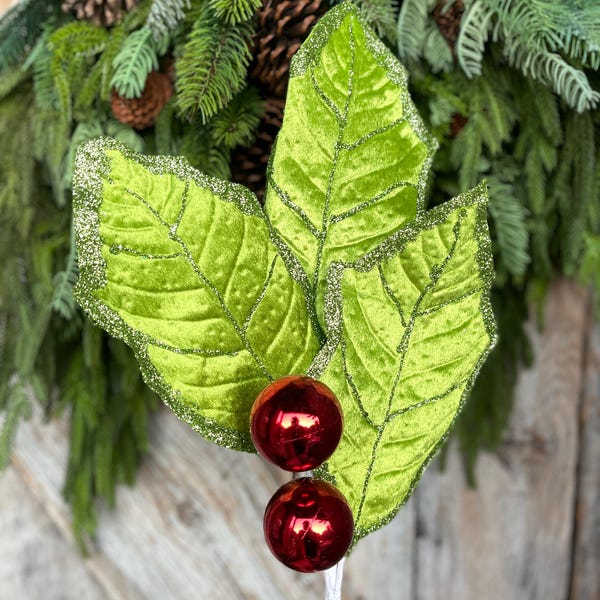 30" Lime Green Holly Leaf Spray, Christmas Holly Leaf Floral Stem, Green Floral Picks Stems
