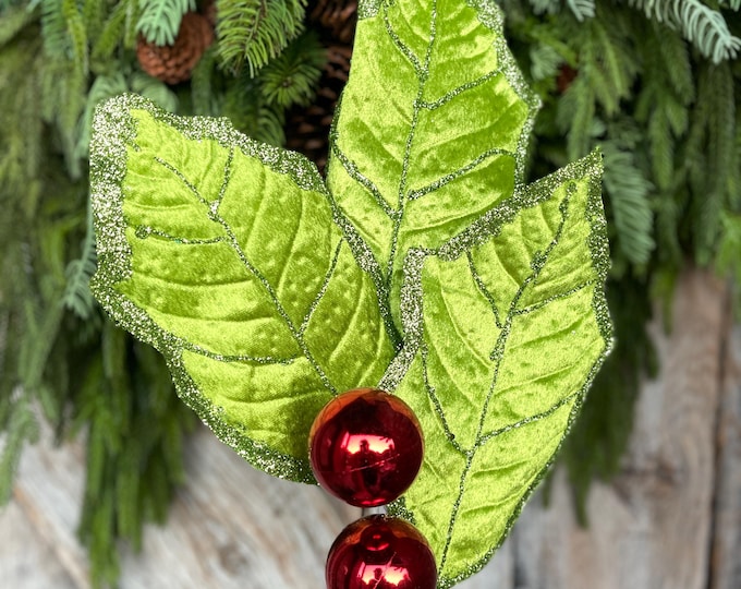 30" Lime Green Holly Leaf Spray, Christmas Holly Leaf Floral Stem, Green Floral Picks Stems