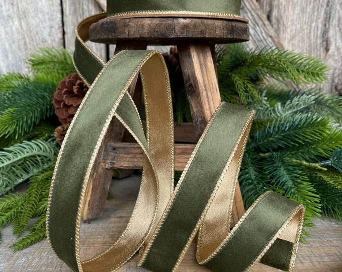 1" Forest Green Velvet Ribbon, Moss Green & Gold Velvet Ribbon, Christmas RIbbon, Moss Green Velvet Ribbon, Designer Ribbon, Woodsy Green