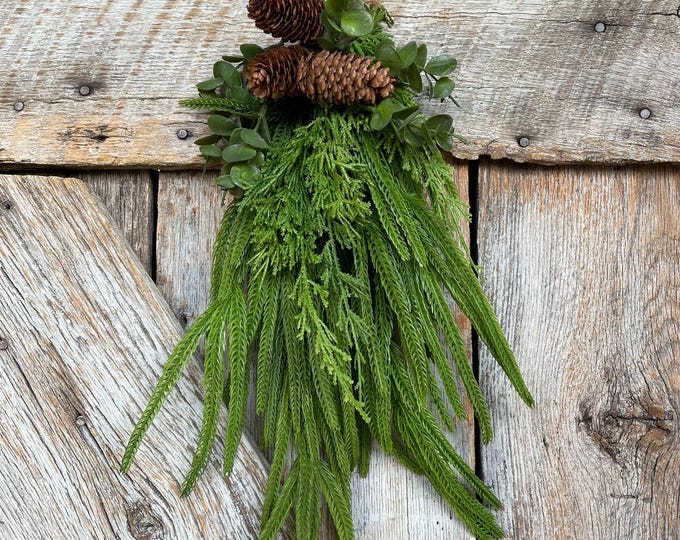 24" Real Touch Norfolk Mixed Evergreen Teardrop Swag, Christmas Front Door Swag, Christmas Front Door Wreath, Christmas Greenery